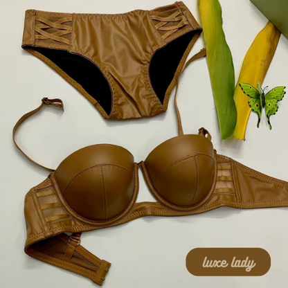 FAUX LEATHER HALF CUP BRA SET With Removeable Strap - My Store