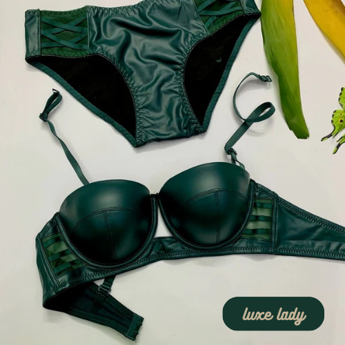 FAUX LEATHER HALF CUP BRA SET With Removeable Strap - My Store