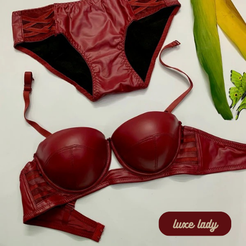 FAUX LEATHER HALF CUP BRA SET With Removeable Strap - My Store