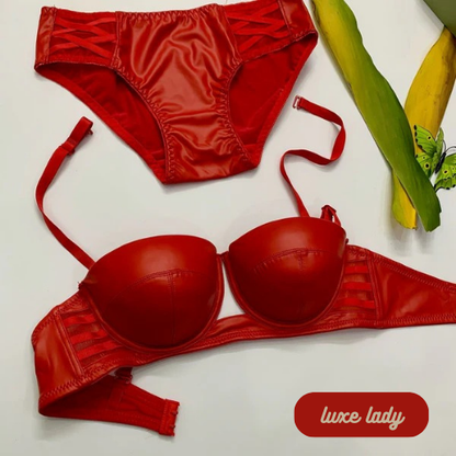 FAUX LEATHER HALF CUP BRA SET With Removeable Strap - My Store
